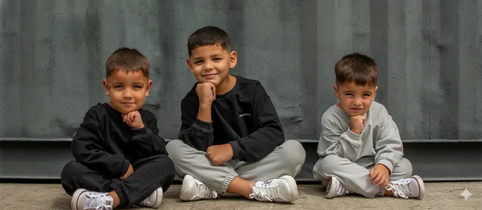 Tres niños con ropa urbana Proyecto Milø