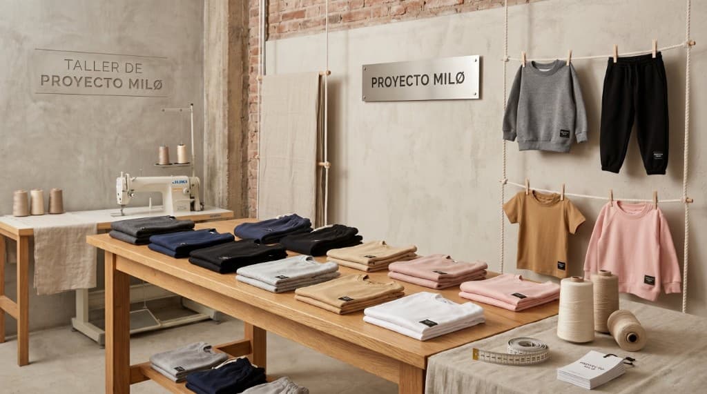 Taller de Proyecto Milø con ropa urbana infantil minimalista sobre mesa de madera y estación de costura al fondo.