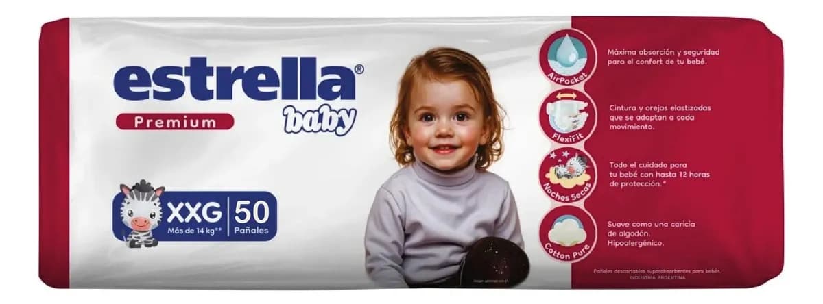 Pañales Estrella Baby Premium XXG para 14+ Kg, Pack de 50 Unidades